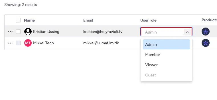 Når du ændrer en brugers rettigheder, kan du vælge imellem "Member", "Admin" eller "Viewer".