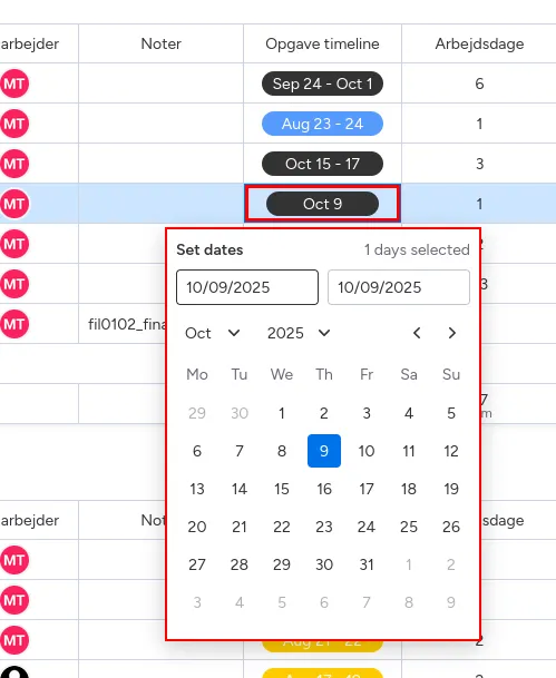 Når "timeline"/date-picker er åben, klikker man først på sin Start-dato, efterfølgende sin Slut-dato