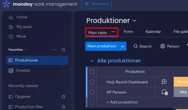 Klik på Main table hvis ikke du ser tabellen